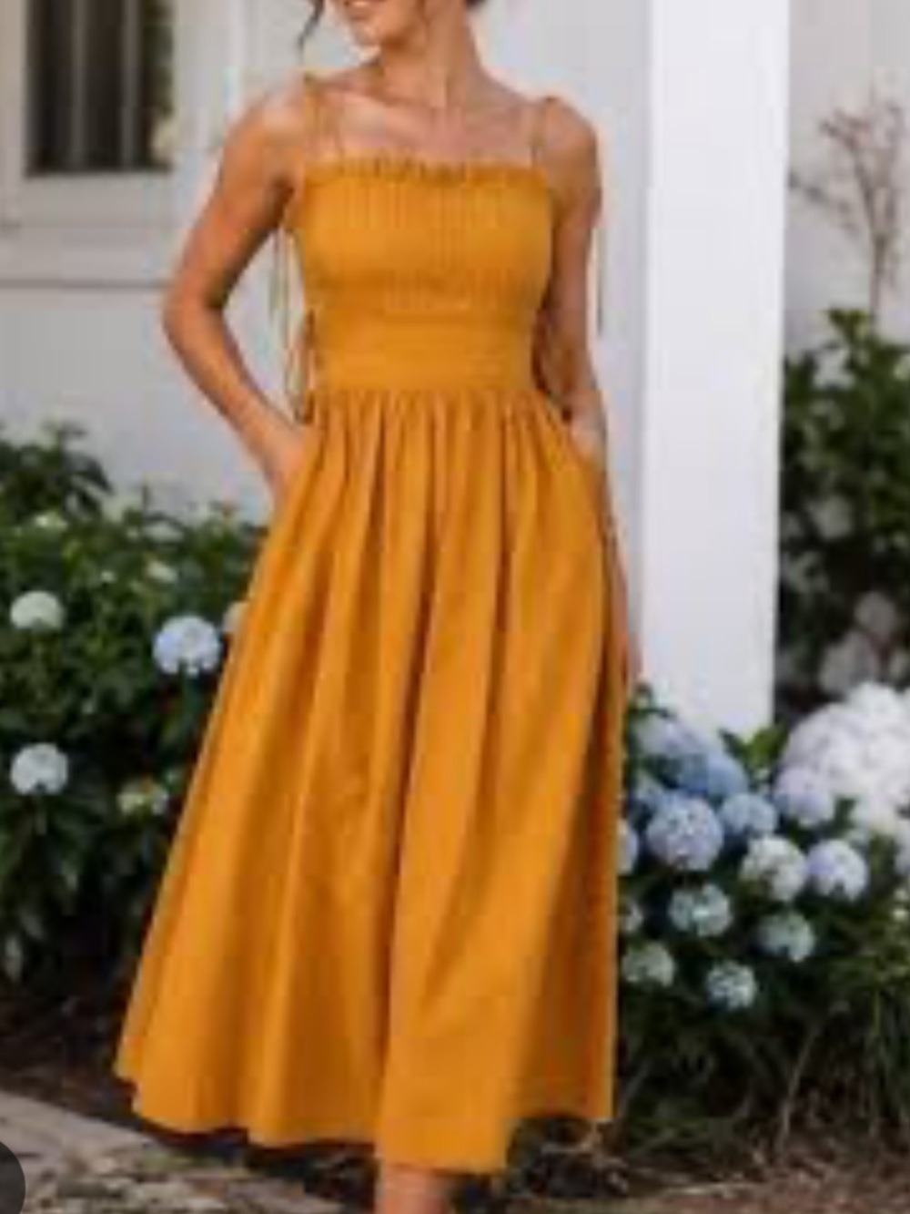 Moon River Smocked Midi Dress with Spaghetti Straps Mustard Side Tie M